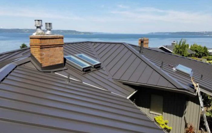 a newly installed metal roof by Roof Boss overlooking Seattle